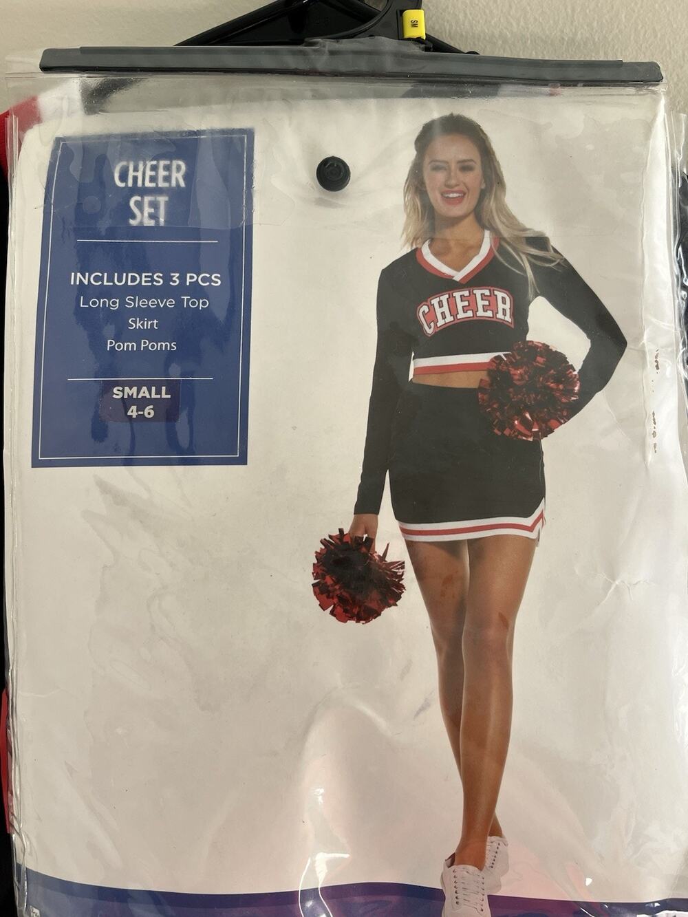 Cheer Set Women’s Small 4-6 3 Pcs Top, Skirt, Pom Poms Black/Red In package